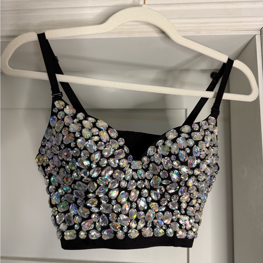 Black Iridescent Gem Embellished Crop Top